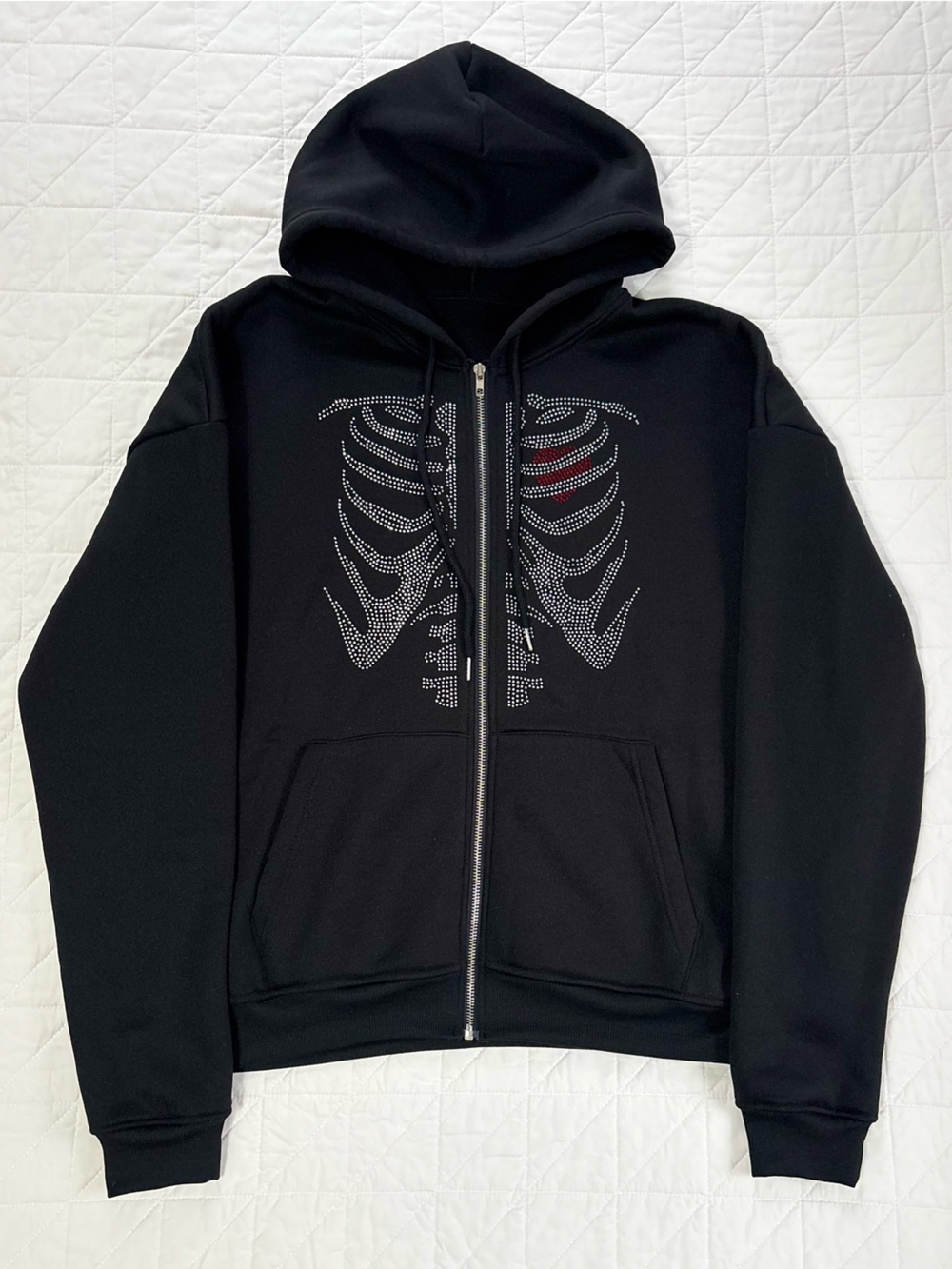 Y2K Rhinestone Skeleton Heart Full Zip Hoodie - Goth Grunge Streetwear Women’s M